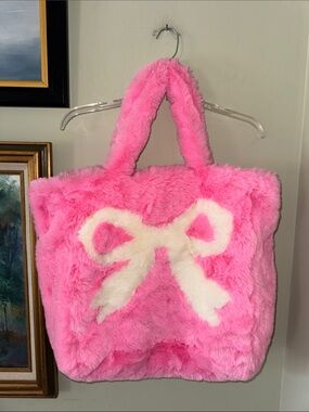 XL Huge Soft Pink Plush Tote Bag White Bow Faux Fur purse
